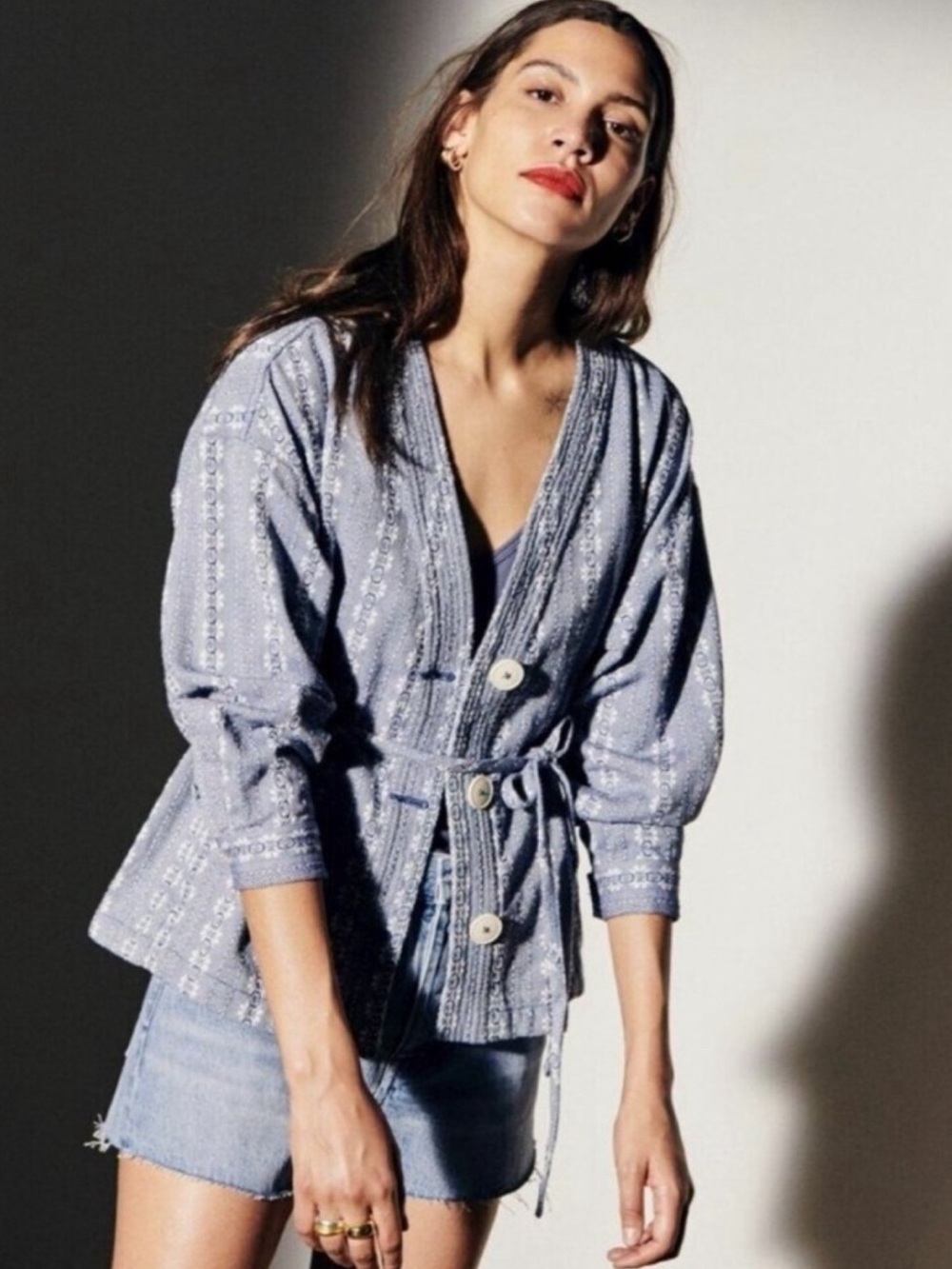 Madewell Light Blue Embroidered Tie-Waist Jacket